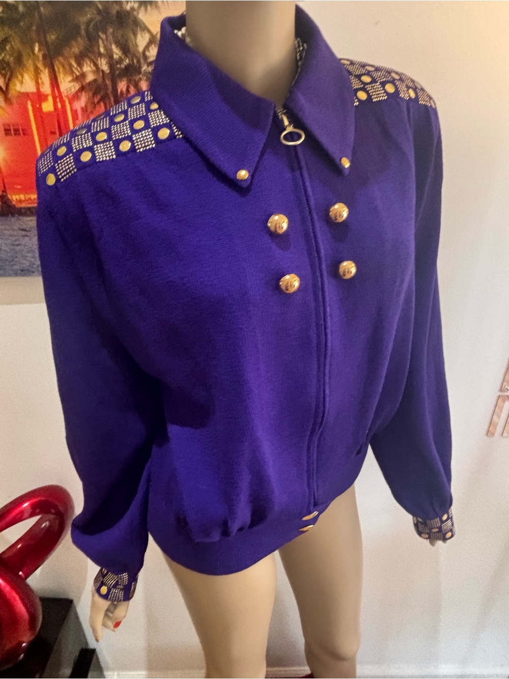 St. John Royal Purple paillettes sequins Jacket with Gold Studs blazer L 14